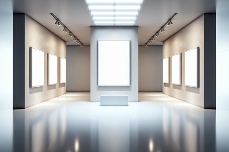 Interior of a modern art gallery with blank frames on the walls and a spotlight. Clean, minimalist space with white background and reflective floor. 3D Renderingの写真素材