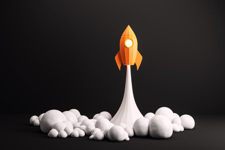 An orange rocket launching upward, emitting white clouds, set against a dark background. Concept of startup, growth, and success. 3D Renderingの写真素材