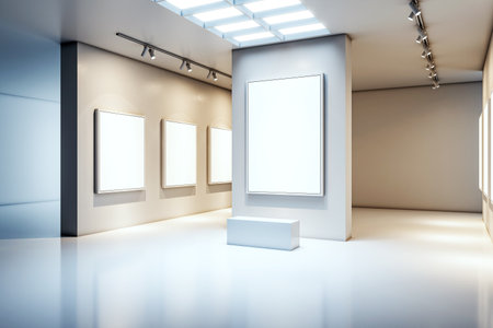 Empty modern gallery with blank frames on walls, white floor, and ceiling lights. Concept of art exhibition space, isolated background. 3D Renderingの写真素材