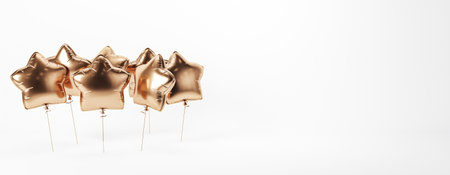 Golden star-shaped balloons floating against a white background. 3D rendering concept of celebration, party, or festive event decorationの写真素材