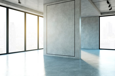 Empty modern office interior with large windows and concrete walls, featuring a blank wall for branding. Spacious and bright with city view. 3D Renderingの写真素材