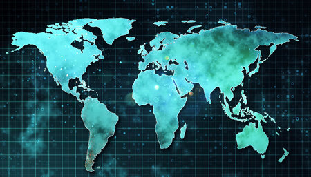 Digital rendering of a world map with a blue texture, displayed on a dark grid backdrop with virtual...
