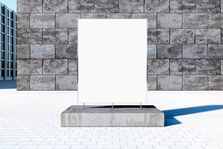 Blank billboard mockup in front of a stone building facade on a sunny day. Cityscape background with no people in sight. 3D Renderingの写真素材