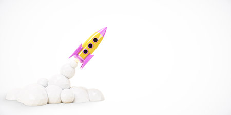 A yellow and pink rocket launching with smoke on a white background. Modern 3D rendering, concept of new beginnings and startupsの写真素材