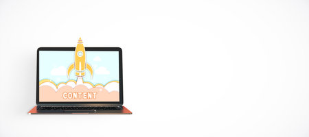 Laptop displaying rocket launch with Content text on screen, isolated on white background. Modern...