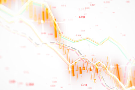 Financial charts with a downward trend shown with orange candlesticks and lines, on a light...