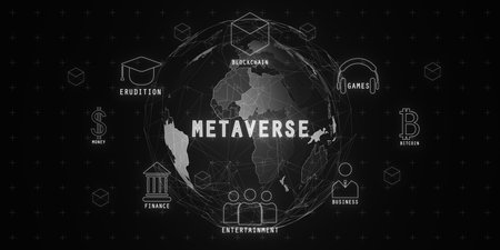 Digital representation of the metaverse with icons for education, finance, and games on a black background. 3D rendering conceptの写真素材