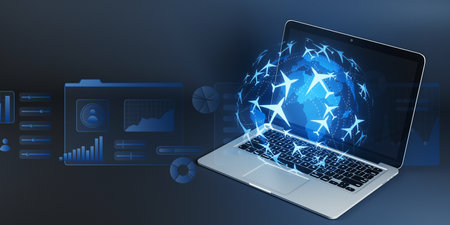 Laptop displaying digital interface with airplanes and world map, on dark background. Concept of...
