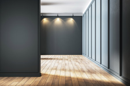 Minimalistic gallery interior with wooden floor, spotlight lighting, and dark walls. Modern, clean design for exhibitions or presentations. 3D Renderingの写真素材