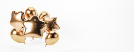 Golden star-shaped and round balloons floating against a white background. 3D rendering. Concept of celebration and party decorationsの写真素材