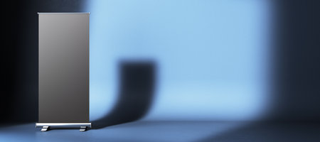 A blank roll-up banner mockup displayed in a studio with a gradient background. Ideal for advertising, branding, and design templates. 3D Renderingの写真素材