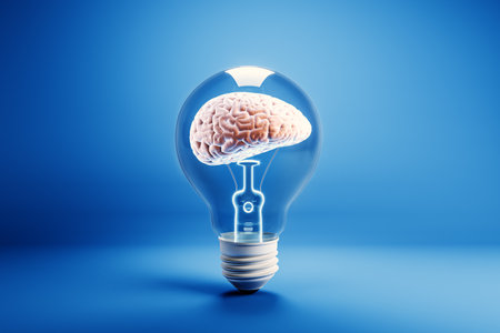 Lightbulb with a brain inside, blue gradient background, symbolizing creativity, innovation, and...