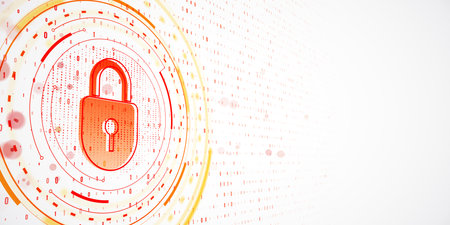 Digital padlock icon with binary code on light gradient background. Concept of data security and cyber protection. 3D Renderingの写真素材