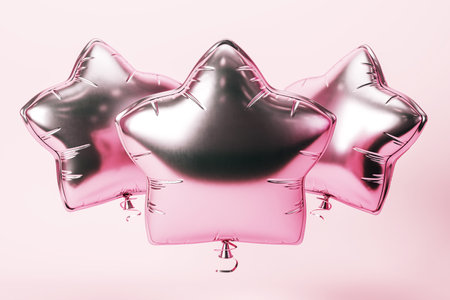 Three pink star-shaped balloons on a light pink background. Concept of celebration and party decorations. 3D Renderingの写真素材