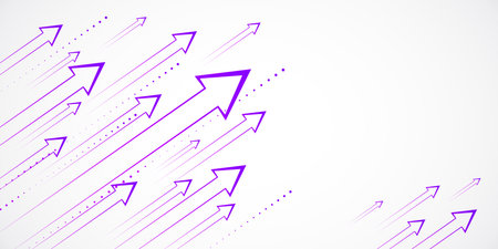 Purple arrows pointing upwards with dotted lines on a white background. Minimalist design concept of...