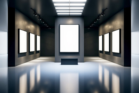 Interior of a modern art gallery with blank frames on dark walls, illuminated by spotlights. Clean, reflective floor and bright lighting. 3D Renderingの写真素材