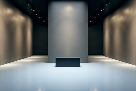 Empty gallery room with black walls and a central partition, featuring a bench in the middle, under focused lighting. Modern interior concept. 3D Renderingの写真素材
