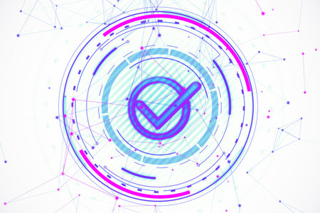 Abstract digital checkmark symbol with geometric shapes and connecting lines on a light background. Concept of technology and approval. 3D Renderingの写真素材