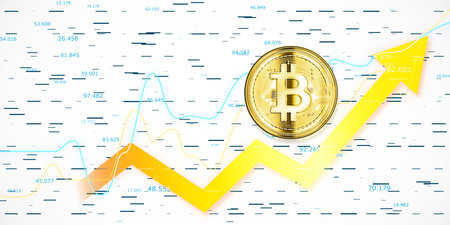 Golden Bitcoin symbol with an upward arrow, digital data lines on a light background. Concept of cryptocurrency growth. 3D Renderingの写真素材