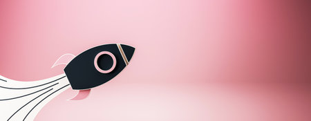Abstract rocket icon in contemporary design on a pink background. Concept of startup, technology, and business growth. 3D Renderingの写真素材