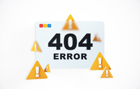 404 error page with large black text and yellow warning signs with exclamation marks on a white background. Concept of website error. 3D Renderingの写真素材
