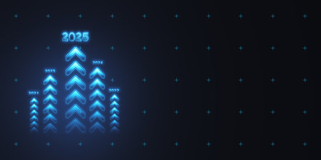 Neon arrows pointing upwards from 2021 to 2025 on a dark background with a futuristic design....