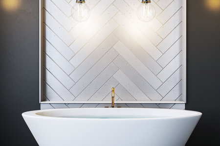 Modern bathroom interior featuring a white bathtub, elegant lighting, and white herringbone tiles on the wall, creating a clean design. 3D Renderingの写真素材
