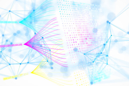 Abstract digital data visualization showing binary code and interconnected network lines in blue,...