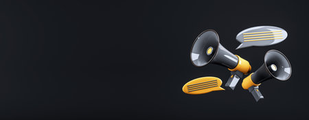 Two megaphones with speech bubbles on a dark background, representing communication and advertising...