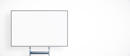 A blank whiteboard on a stand, isolated on a clean white background. Perfect for presentations, teaching, or office design concepts. 3D Renderingの写真素材