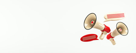 Three megaphones with speech bubbles on a light background, representing communication and advertising. 3D Renderingの写真素材