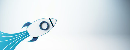Rocket icon in blue and white design on a light background, symbolizing a startup launch concept, modern technology, and business success. 3D Rendering.の写真素材