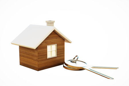 A wooden house model beside a pair of keys on a white background. 3D rendering. Concept of real estate, home ownership, or mortgageの写真素材