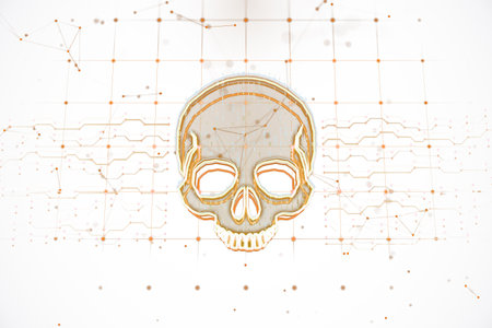 Digital skull with circuit patterns on white background, representing the intersection of technology and mortality. 3D Renderingの写真素材