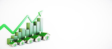 Real estate growth concept with bar graph and houses. Light graphic style on an isolated white background. Concept of commercial property. 3D Renderingの写真素材