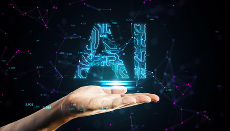 A hand presenting a digital circuit AI symbol with a dark background. Represents futuristic technology and artificial intelligence conceptsの写真素材