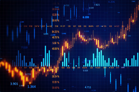 Forex trading chart with a candlestick graph and various data points on a digital blue background. Concept of financial market analysis. 3D Renderingの写真素材