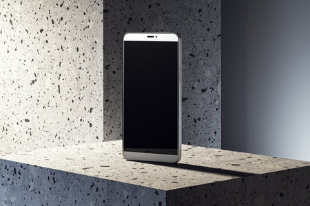 Modern smartphone with a blank screen displayed on a terrazzo stone platform against a gradient background. Concept of technology and design. 3D Renderingの写真素材