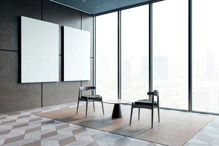 A modern office waiting area with two blank vertical posters on the wall, featuring large windows and minimalistic furniture. 3D Renderingの写真素材