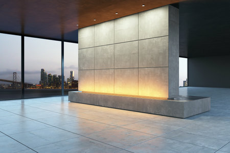 Modern exhibition space with a large concrete wall illuminated from below. Floor-to-ceiling windows reveal a city skyline. 3D Renderingの写真素材