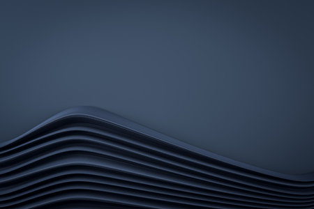 Abstract dark blue layered waves on a minimalist background. Modern, clean design with empty copy space. Concept of contemporary art. 3D Renderingの写真素材