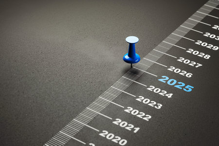 Blue pin marking 2025 on a timeline against a dark background, symbolizing planning and future goals. 3D Renderingの写真素材
