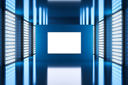 Image of a futuristic corridor with blue walls, LED lights, and a blank screen. Modern interior design concept. 3D Renderingの写真素材
