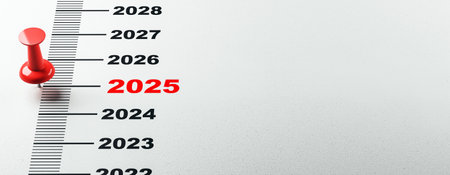 A red pin highlights the year 2025 on a vertical timeline from 2022 to 2028. White background. Concept of setting a future goal. 3D Renderingの写真素材