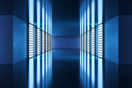 Futuristic hallway with neon blue lights and reflective floor, backlit interior, abstract scene with modern design, concept of advanced tech. 3D Renderingの写真素材