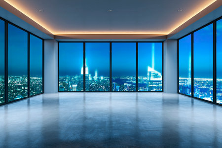 Spacious empty office interior with large floor-to-ceiling windows, offering a panoramic view of the city skyline at night, representing a modern commercial space. 3D Renderingの写真素材