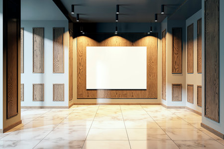 Modern interior of a museum hallway with a blank frame on a wooden panel wall, marble floor, and spotlight illumination. Concept of an exhibition space. 3D Renderingの写真素材