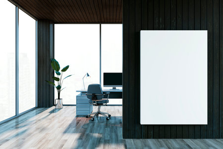 Modern office interior with large windows, a desk, and a chair. Blank poster on a dark wooden wall. Bright city view. Corporate workspace. 3D Renderingの写真素材