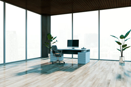 Empty modern office with desk, chair, computer, and plants. Large windows provide a city view. Bright and spacious room. 3D Renderingの写真素材