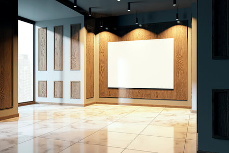 Modern gallery interior featuring an empty poster frame on a wooden wall, large window, and marble floor. Concept of exhibition space. 3D Renderingの写真素材